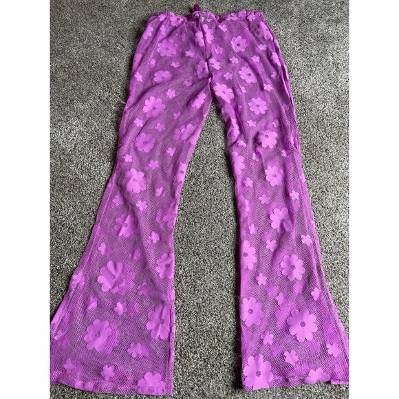 Miken Swim Flower Sheer Coverup Casual Pants Pink Purple Festival Sz Medium - Picture 5 of 8